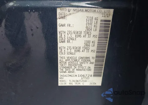 2018 Nissan Murano Sv z USA, uszkodzony, nr VIN 5N1AZ2MG1JN106728